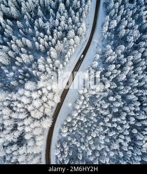 Belle forêt et route d'hiver. Vue aérienne Banque D'Images