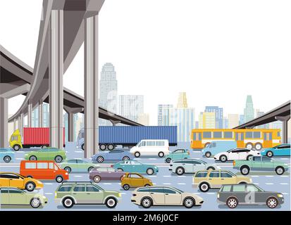 Autoroute dans une grande ville avec camions et voitures de tourisme, illustration Banque D'Images