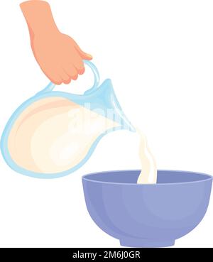 Lait versé dans un bol. Icône de dessin animé du processus de cuisson isolée sur fond blanc Illustration de Vecteur