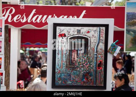 Peintures dans les boutiques des rues de Paris montmartre en 2014 Banque D'Images