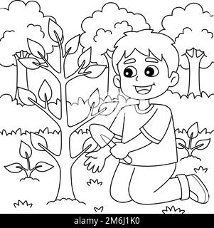 Page de coloriage des arbres de plantation de garçon pour les enfants Illustration de Vecteur