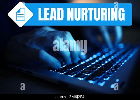 Texte indiquant le lead nourricier de l'inspiration. Mot écrit sur la méthode d'établissement d'une relation avec des clients potentiels Banque D'Images