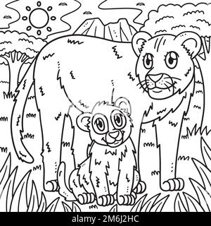 Page de coloriage de lion de mère et de lion de bébé pour les enfants Illustration de Vecteur