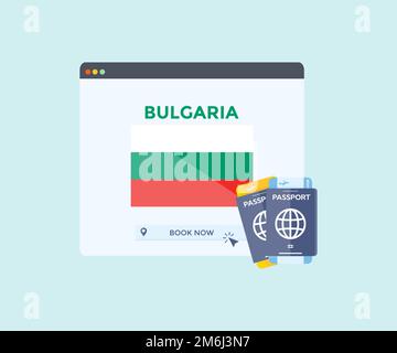 Service de réservation en ligne sur le site de navigateur web, voyage, organisation de voyage pays Bulgarie logo drapeau national. Réservation en ligne de billets d'avion. Illustration de Vecteur