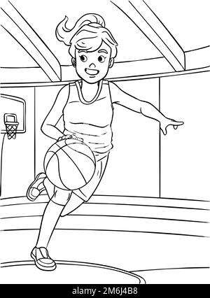 Page de coloration dribbling pour les filles de basket-ball pour les enfants Illustration de Vecteur