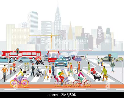 Silhouette de ville avec des piétons sur le passage à Zèbre et les transports publics et les cyclistes, illustrati Banque D'Images