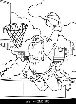 Page de coloriage pour les enfants de Santa Slam Dunk de basket-ball Illustration de Vecteur