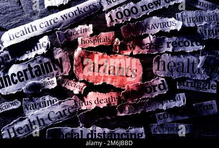 Les titres de coronavirus et d'actualités économiques avec le texte Variants en rouge Banque D'Images