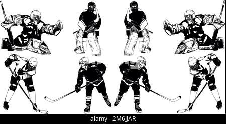 Une sélection d'images vectorielles noir et blanc des joueurs de l'équipe de hockey en uniforme Banque D'Images