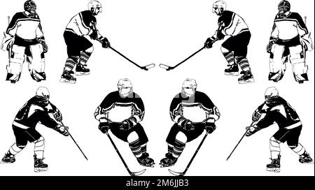 Une sélection d'images vectorielles noir et blanc des joueurs de l'équipe de hockey en uniforme Banque D'Images
