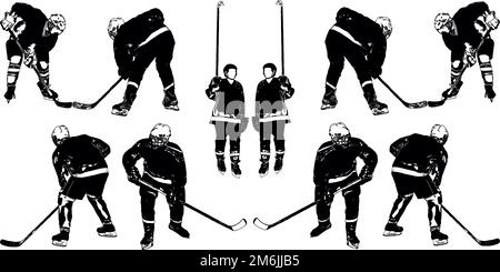 Une sélection d'images vectorielles noir et blanc des joueurs de l'équipe de hockey en uniforme Banque D'Images