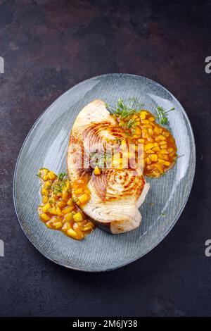 Steak d'espadon frit avec chutney de mangue et herbes servi en gros plan sur une assiette design Banque D'Images