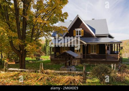 Ancienne planche de bois brun 1877 ajoutée avec garniture blanche et jaune maison de style cottage avec Acer - Maple Tree en automne. Banque D'Images