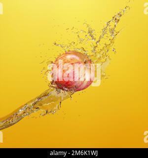Pomme mûre versée par un jet d'eau sur fond jaune. 3d rendu. Banque D'Images
