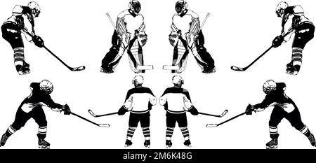 Une sélection d'images vectorielles noir et blanc des joueurs de l'équipe de hockey en uniforme Banque D'Images