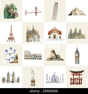 Collection de monuments architecturaux peints à l'aquarelle Illustration de Vecteur