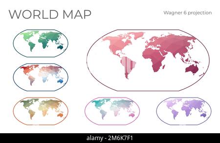 Jeu de cartes à faible Poly World. Wagner VI projection. Collection de cartes du monde en style géométrique. Illustration vectorielle. Illustration de Vecteur