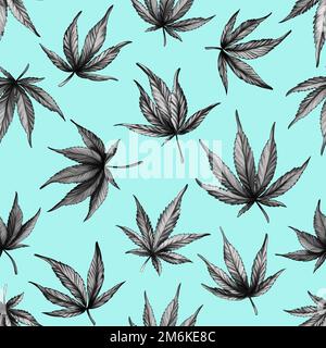 Motif de cannabis sans couture sur fond bleu. Chanvre noir et blanc feuilles Banque D'Images