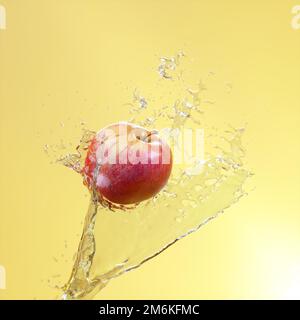 Une pomme mûre et juteuse volant dans un jet d'eau éclaboussé sur un fond jaune. Affiche publicitaire. 3d rendu Banque D'Images