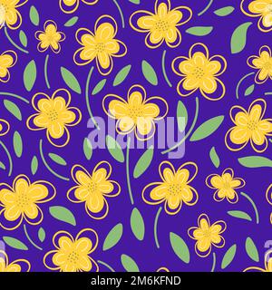 Fleurs jaunes sur fond violet. Banque D'Images