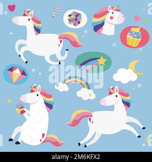 Mignonne unicorns avec vecteur d'éléments magiques Illustration de Vecteur