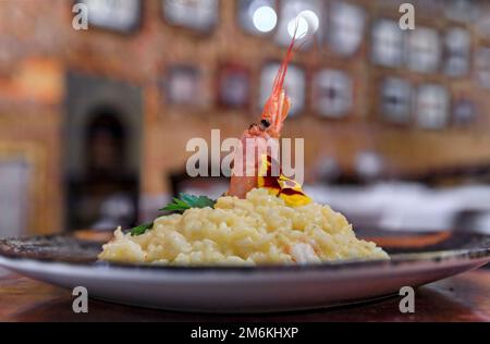 Une assiette de risotto au safran avec crevettes grillées entières et persil servi dans un restaurant italien de luxe à Centro Storico, Florence, Italie Banque D'Images