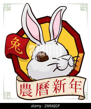 Dodecagon avec tête de lapin blanc, ruban et rouleau commémorant le nouvel an lunaire chinois du lapin (écrit en calligraphie chinoise). Illustration de Vecteur