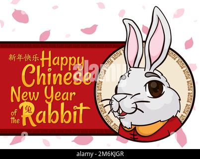 Portrait de lapin senior et étiquette rouge avec salutation pour un nouvel an chinois heureux du lapin (écrit en calligraphie chinoise), sous une douche aux pétales. Illustration de Vecteur