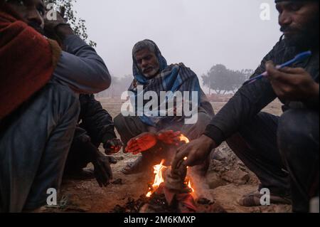New Delhi, Delhi, Inde. 5th janvier 2023. Un homme se réchauffe autour d'un feu de joie sur les rives de la rivière Yamuna, un matin froid d'hiver à New Delhi. (Image de crédit : © Kabir Jhangiani/ZUMA Press Wire) Banque D'Images