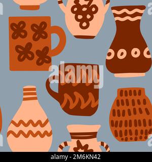 Motif sans couture dessiné à la main de mugs en poterie vases marron beige sur fond gris. Céramique bol vaisselle vaisselle ustensiles cuisine design, cuisine vaisselle dans un style grec ancien, céramique ustensiles design Banque D'Images