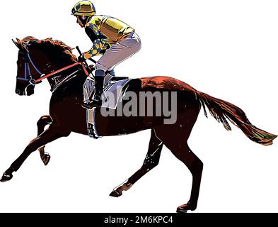 Cheval de course avec jockey aux courses. Isolé sur un fond blanc Banque D'Images