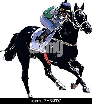 Cheval de course avec jockey aux courses. Isolé sur un fond blanc Banque D'Images