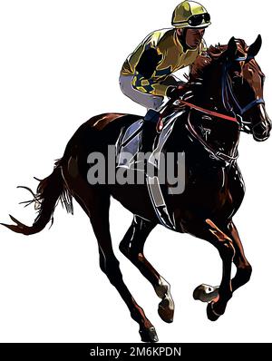 Cheval de course avec jockey aux courses. Isolé sur un fond blanc Banque D'Images