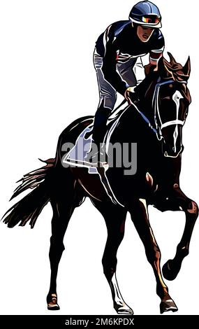 Cheval de course avec jockey aux courses. Isolé sur un fond blanc Banque D'Images
