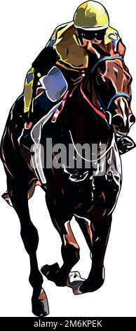 Cheval de course avec jockey aux courses. Isolé sur un fond blanc Banque D'Images