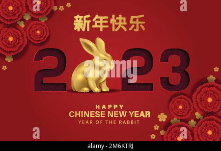 Bonne année chinoise nouvelle 2023 année du signe de zodiaque de lapin avec la lettre de fleur 3D. Illustration vectorielle abstraite design (Traduction : bonne année) Illustration de Vecteur