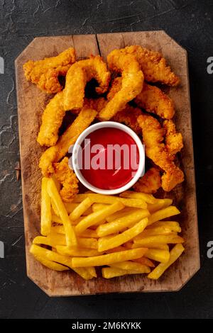 Filets de poulet, quartiers croustillants cuits et frits, sauce barbecue Banque D'Images