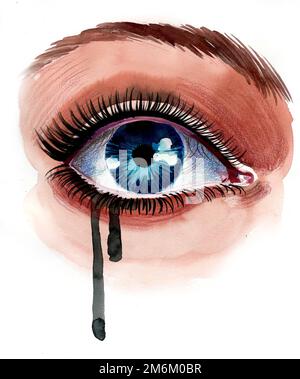 Beaux yeux pleurer. Encre et aquarelle dessin Banque D'Images