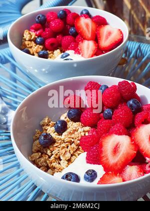 Délicieux petit déjeuner avec céréales, yaourt, fraises, framboises et bleuets dans le jardin à l'extérieur, nourriture saine et alimentation Banque D'Images