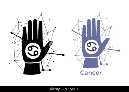 Main avec symbole cancer isolé sur fond blanc. Horoscope de la chance art raconter Constellation Doodle design. Banque D'Images