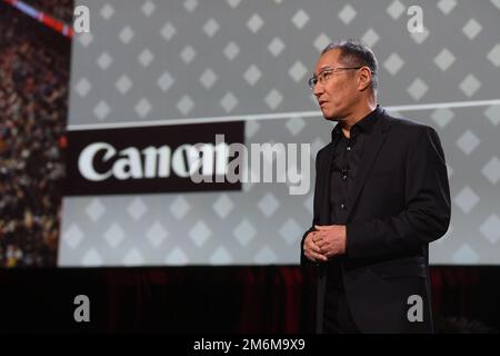 Kazuto, Président-directeur général de Canon Amériques, « Kevin » Ogawa, parle lors de la journée médiatique ces 2023 au Mandalay Bay Convention Center de Las Vegas, Nevada, sur 4 janvier 2023. (Photo de Bryan Steffy/Sipa USA) Banque D'Images