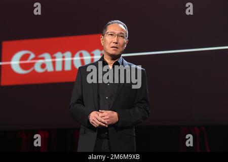 Kazuto, Président-directeur général de Canon Amériques, « Kevin » Ogawa, parle lors de la journée médiatique ces 2023 au Mandalay Bay Convention Center de Las Vegas, Nevada, sur 4 janvier 2023. (Photo de Bryan Steffy/Sipa USA) Banque D'Images