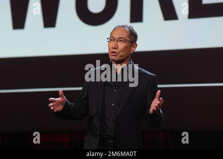 Kazuto, Président-directeur général de Canon Amériques, « Kevin » Ogawa, parle lors de la journée médiatique ces 2023 au Mandalay Bay Convention Center de Las Vegas, Nevada, sur 4 janvier 2023. (Photo de Bryan Steffy/Sipa USA) Banque D'Images