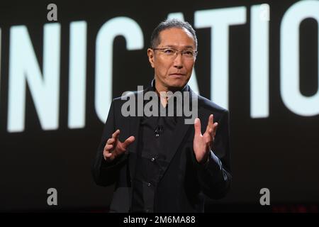 Kazuto, Président-directeur général de Canon Amériques, « Kevin » Ogawa, parle lors de la journée médiatique ces 2023 au Mandalay Bay Convention Center de Las Vegas, Nevada, sur 4 janvier 2023. (Photo de Bryan Steffy/Sipa USA) Banque D'Images