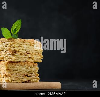 Une pile de tranches de tarte Napoléon cuites à la crème. Pâte feuilletée, délicieux dessert Banque D'Images