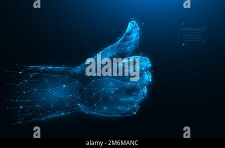 Approuvé. Illustration vectorielle polygonale avec un pouce vers le haut ou un geste d'approbation sur un arrière-plan bleu foncé. Mouvement de la main OK poly desi bas Banque D'Images