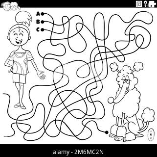 Labyrinthe avec dessin animé fille et sa page de coloriage de chien Banque D'Images