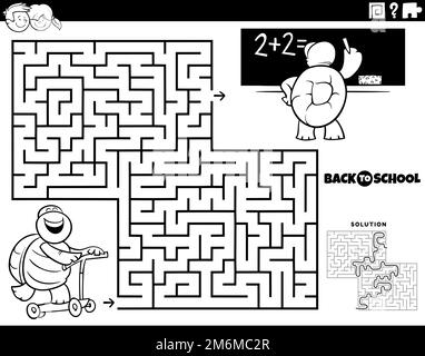 Labyrinthe avec tortue à cheval un scooter à l'école coloriage page Banque D'Images