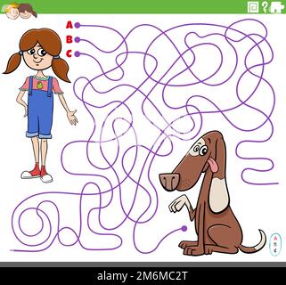 Jeu de labyrinthe avec personnage de dessin animé de fille et son chien Banque D'Images