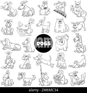 Dessin animé chiens et chiots caractères ensemble de coloriage page Banque D'Images